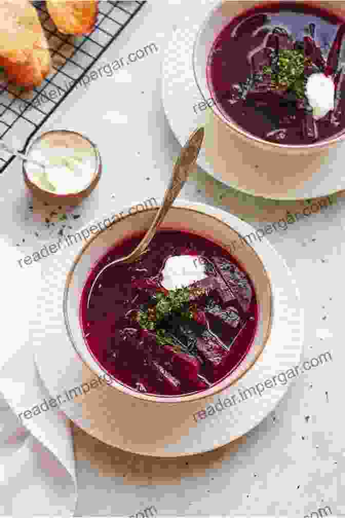 A Steaming Bowl Of Barszcz Czerwony, A Traditional Polish Beetroot Soup, Garnished With Sour Cream And Herbs. Polish Recipes: 50 Amazing Dishes From A Real Polish Grandma